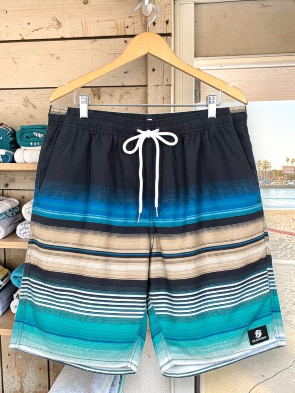 Milankerr Men’s Board Shorts – NWT XL – Blue Teal Striped Swim Trunks